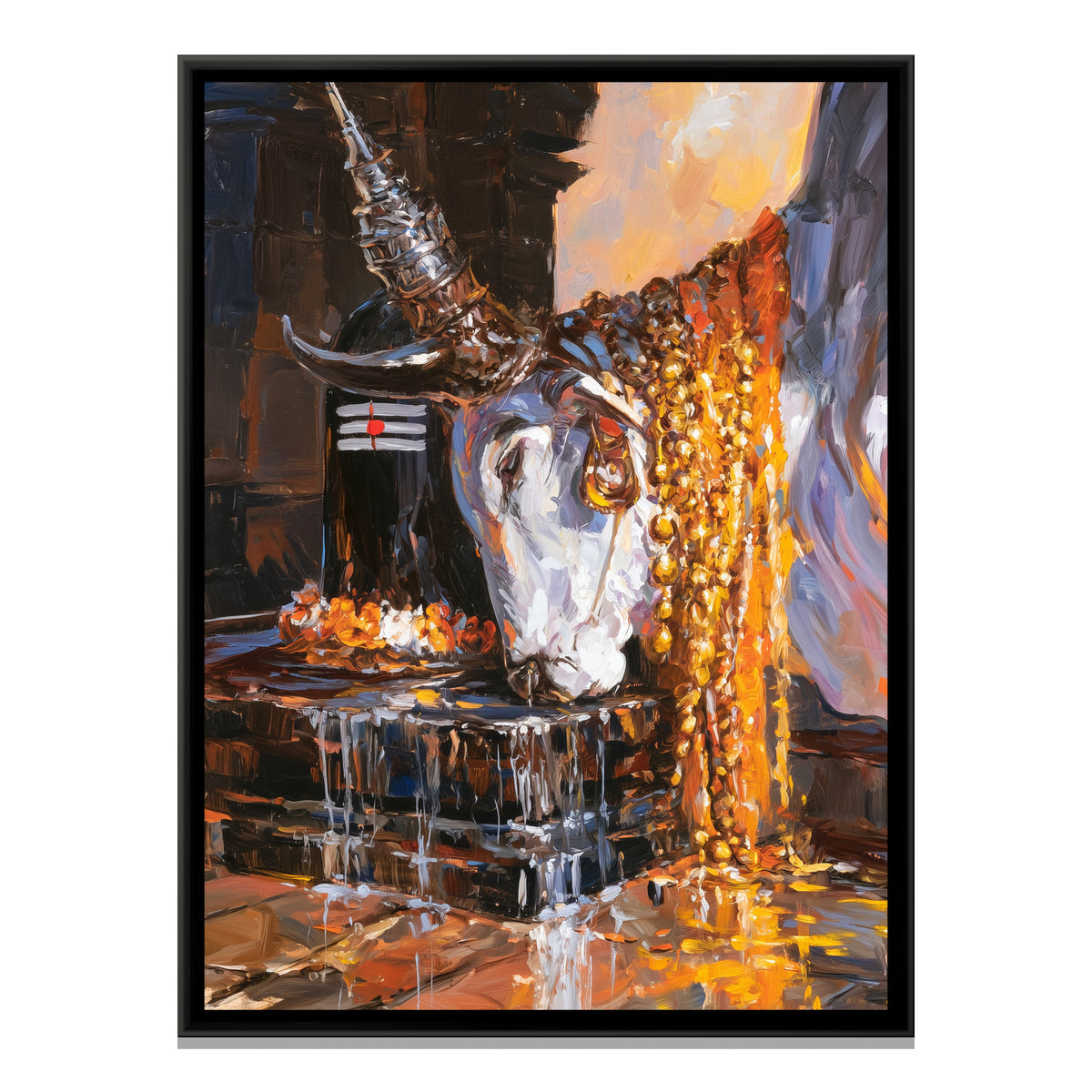 Nandi Ji with Shivling — framed canvas print, front view