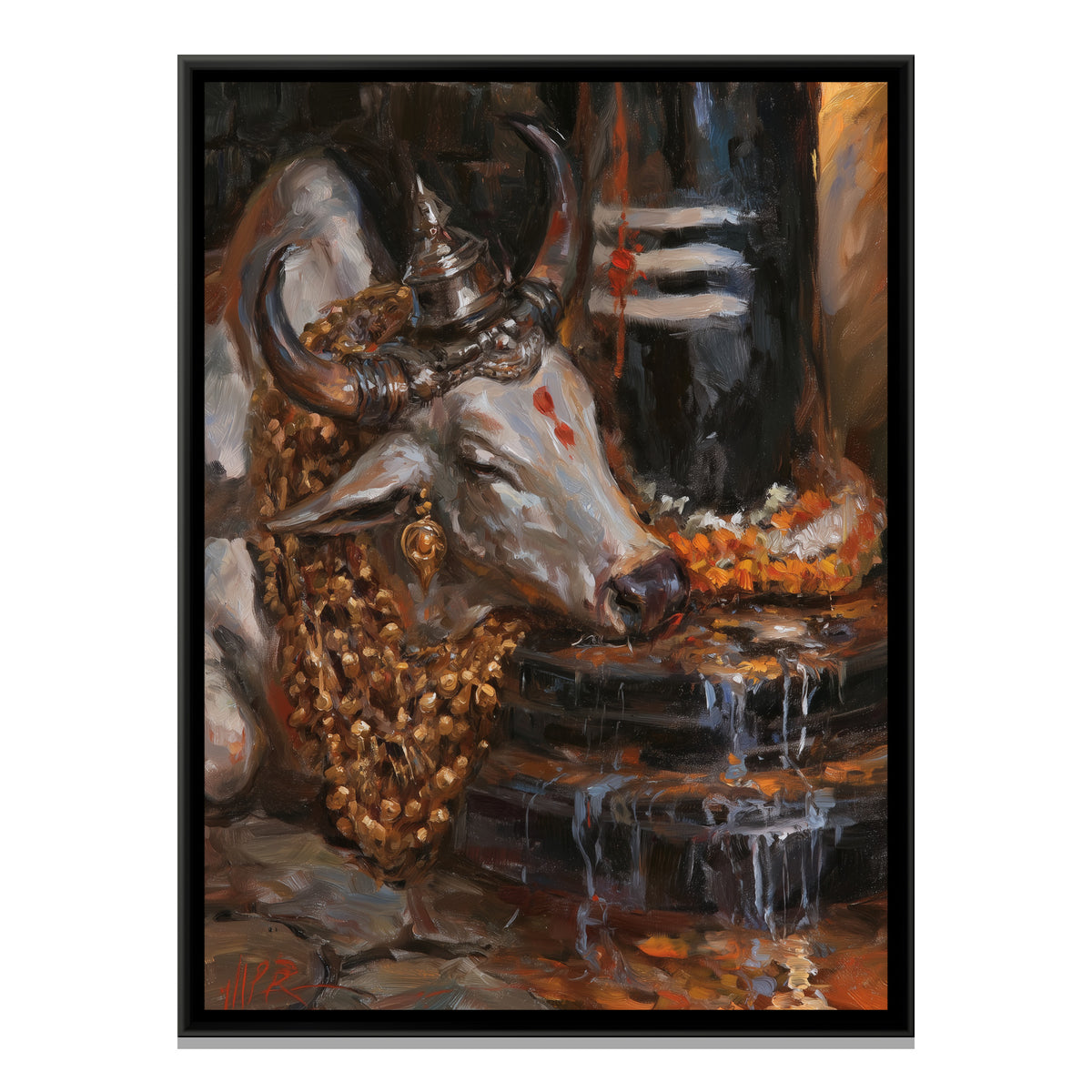 Nandi Ji with Shivling — framed canvas print, front view