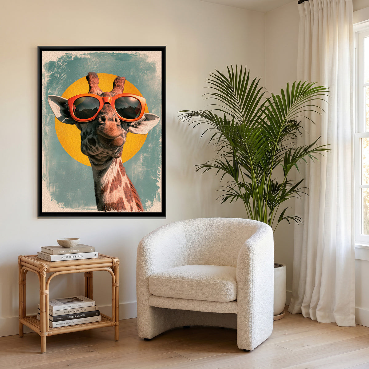 Giraffe in Sunglasses — canvas art shown in a second room setting