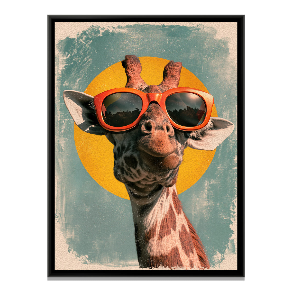 Giraffe in Sunglasses — framed canvas print, front view