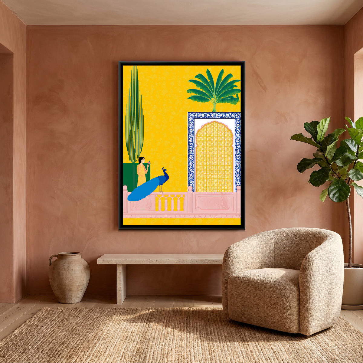 Mughal Lady with Peacock — canvas art shown in a second room setting