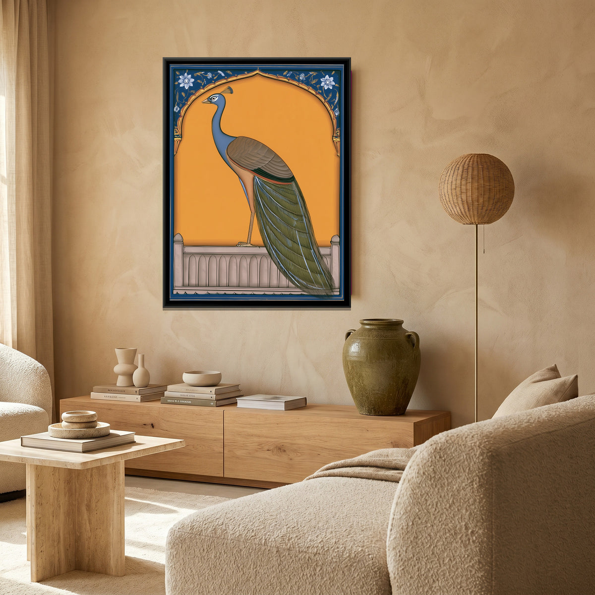Peacock on Balcony — canvas art shown in a second room setting