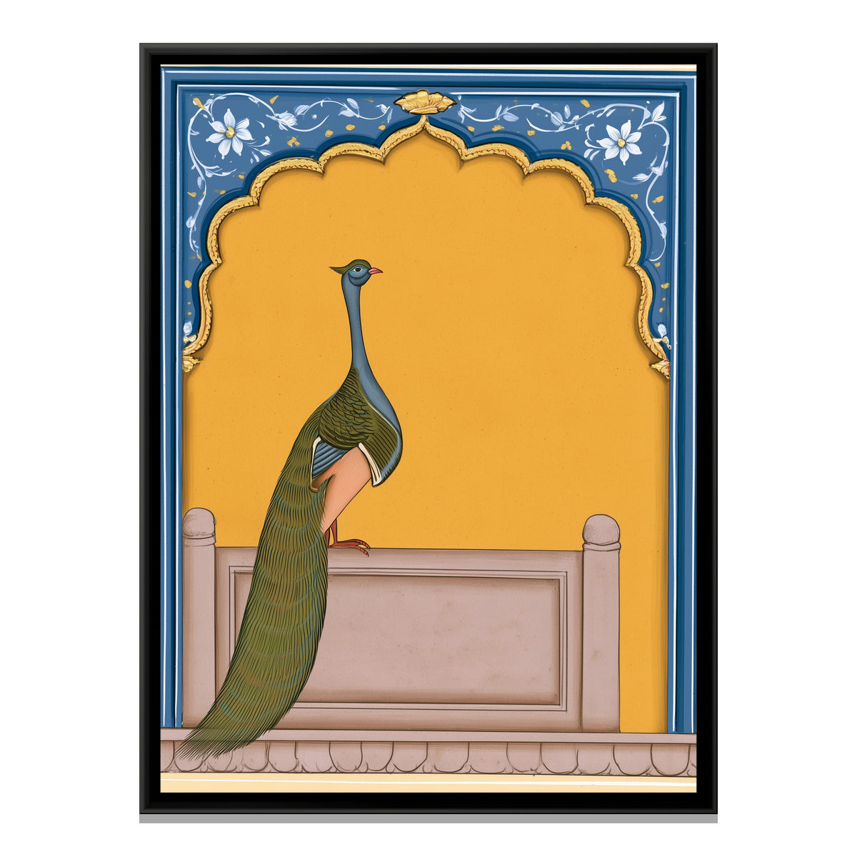 Peacock on Balcony — framed canvas print, front view