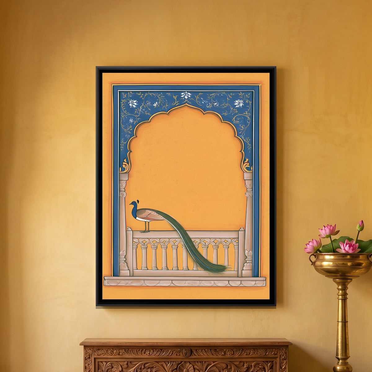 Peacock on Balcony — framed canvas art hung on a wall