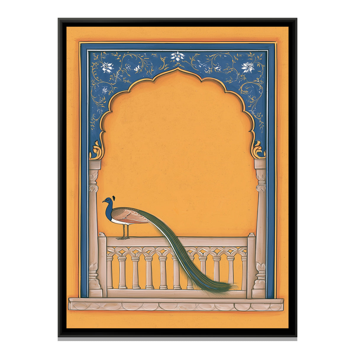 Peacock on Balcony — framed canvas print, front view