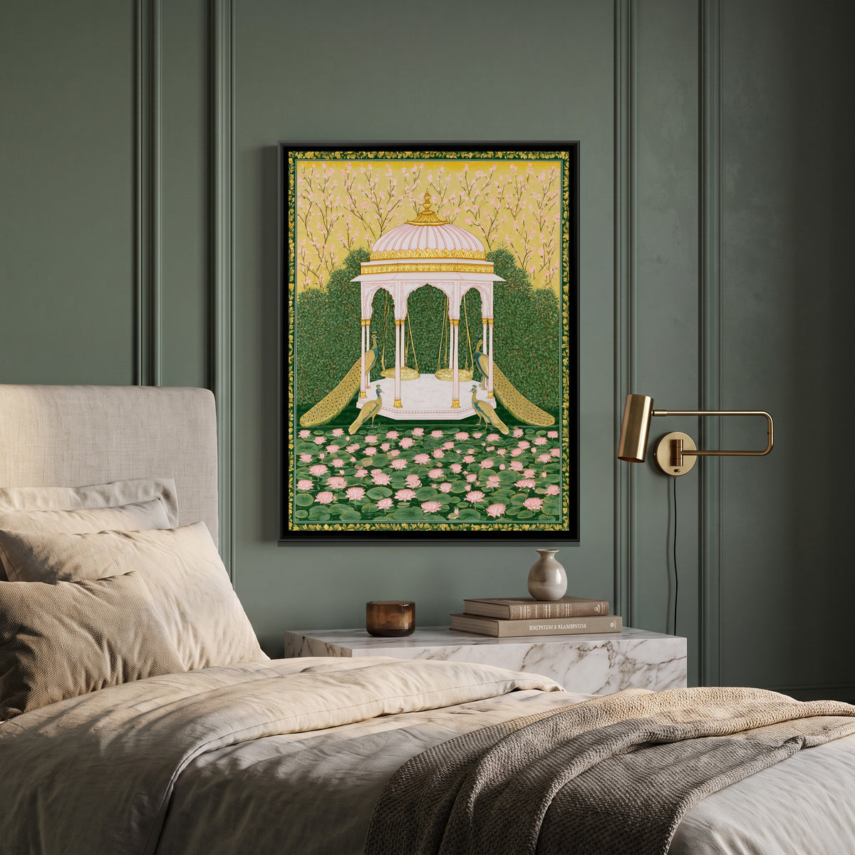 Pichwai Pavilion with Peacocks — canvas art shown in a second room setting