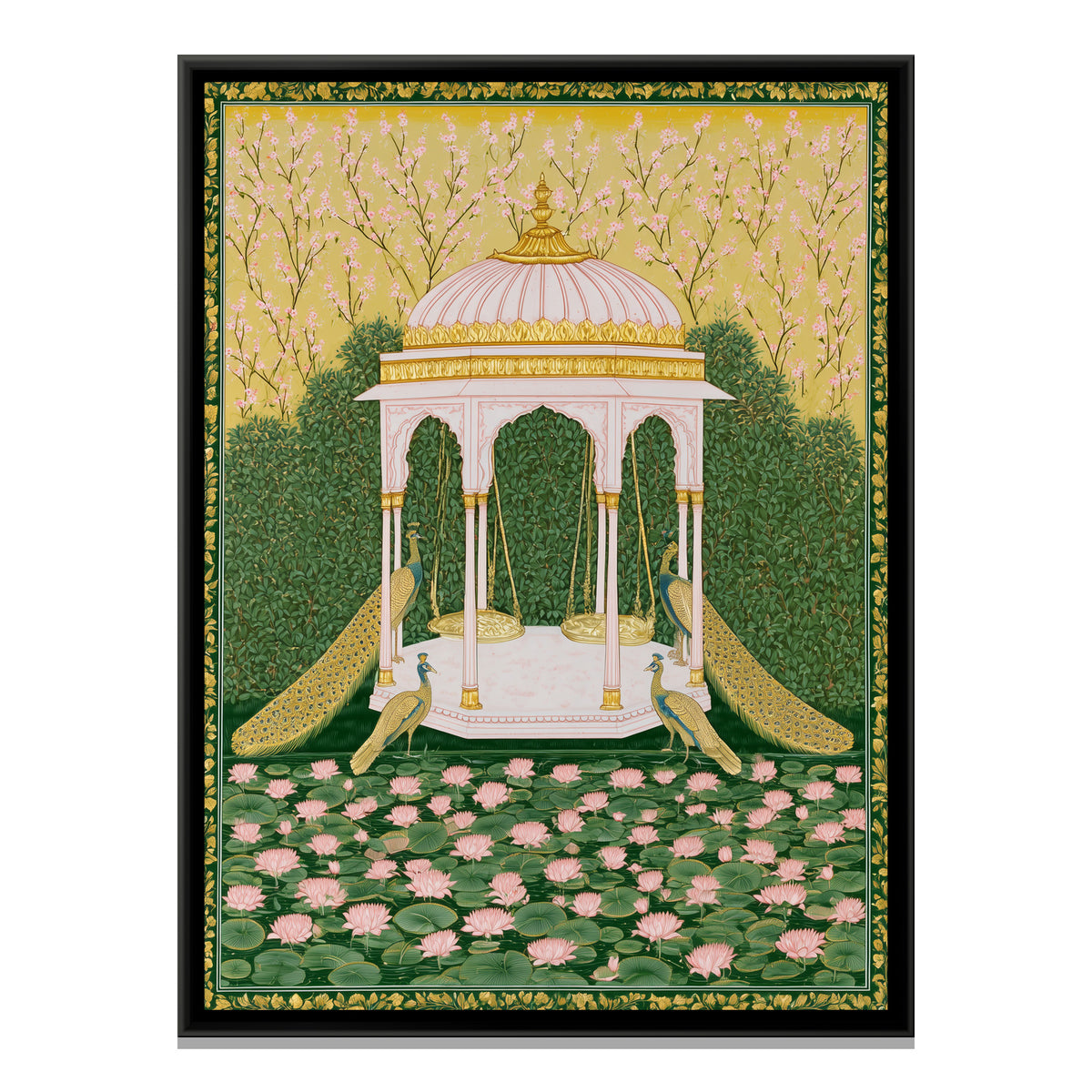 Pichwai Pavilion with Peacocks — framed canvas print, front view
