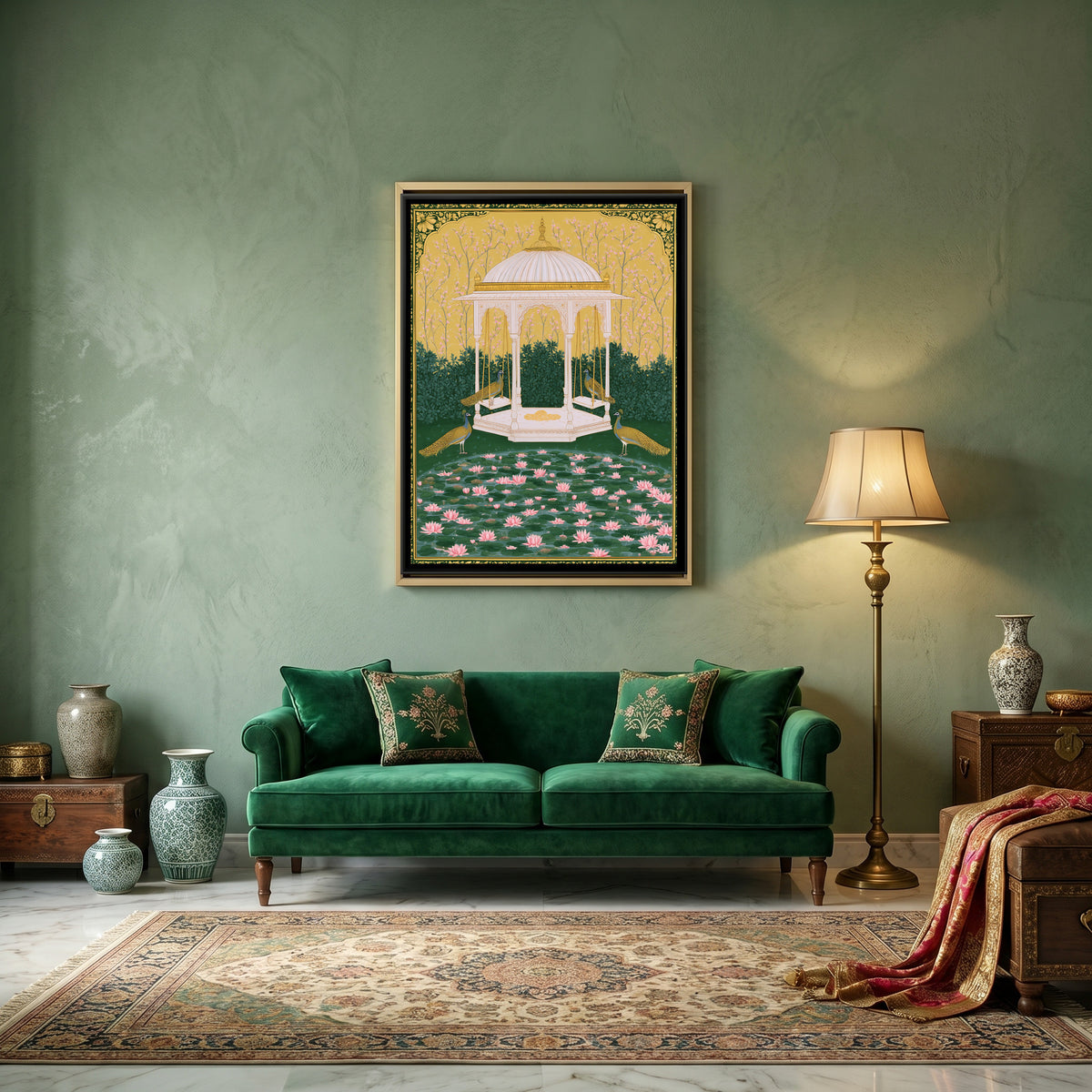 Pichwai Pavilion with Peacocks — canvas art shown in a styled room