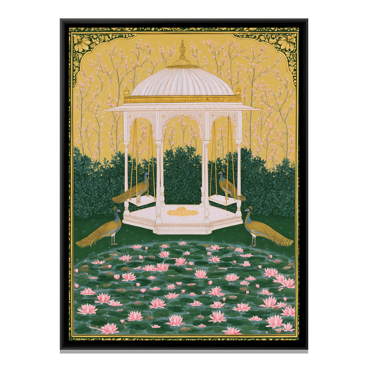 Pichwai Pavilion with Peacocks — framed canvas print, front view