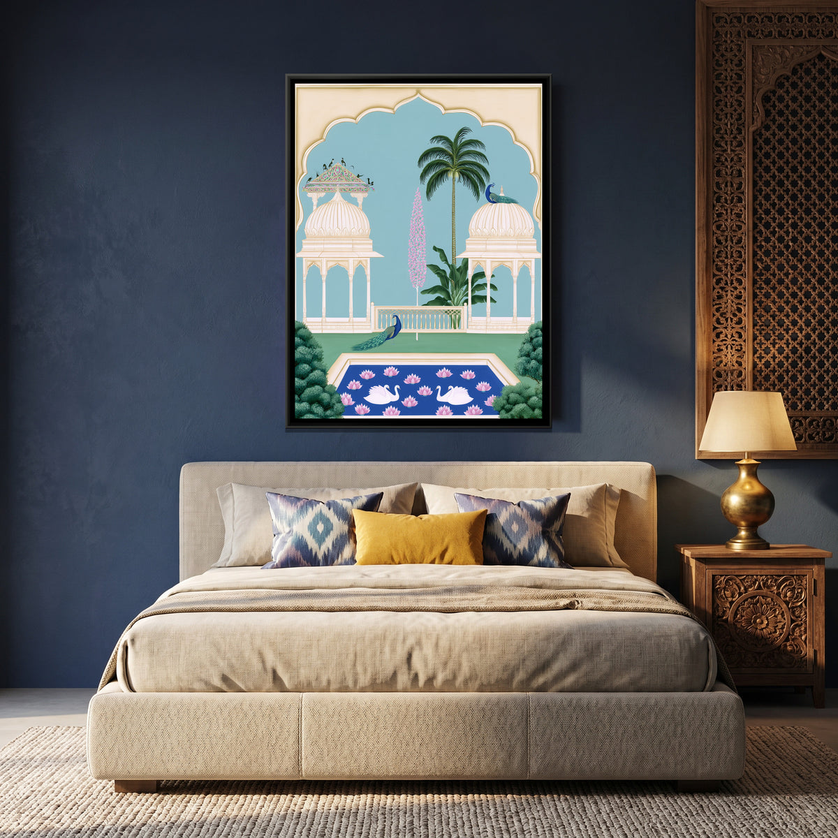 Mughal Garden with Peacocks — canvas art shown in a second room setting
