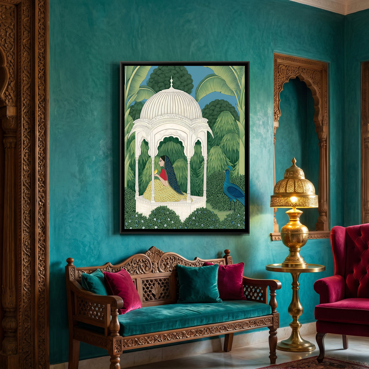 Woman in a Pavilion — canvas art shown in a styled room
