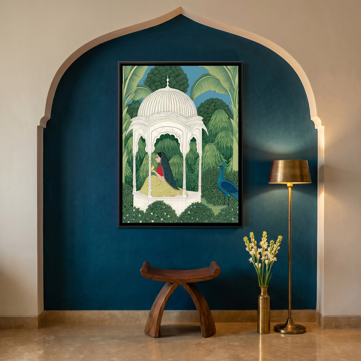 Woman in a Pavilion — canvas art shown in a second room setting