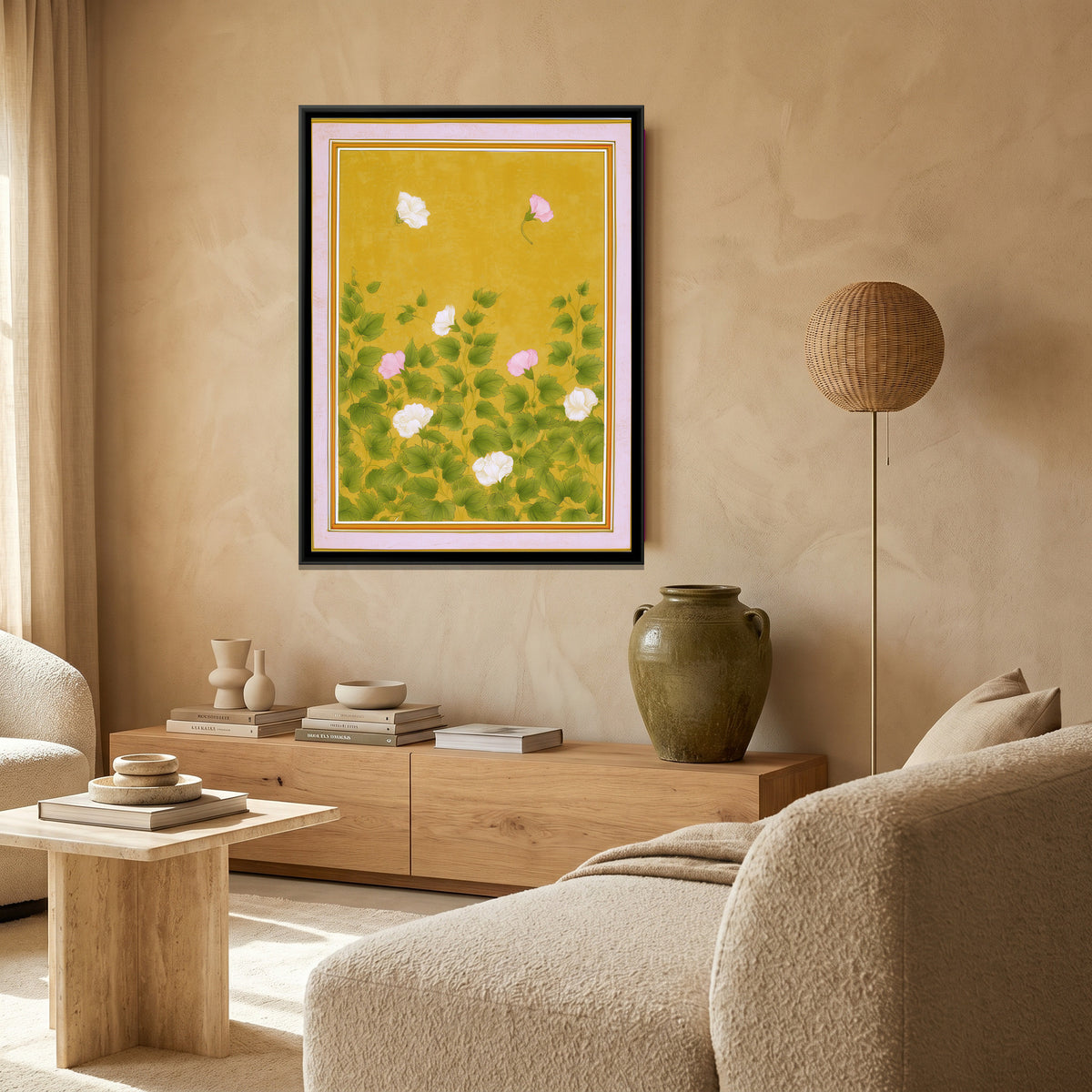 Mughal Hibiscus — canvas art shown in a second room setting