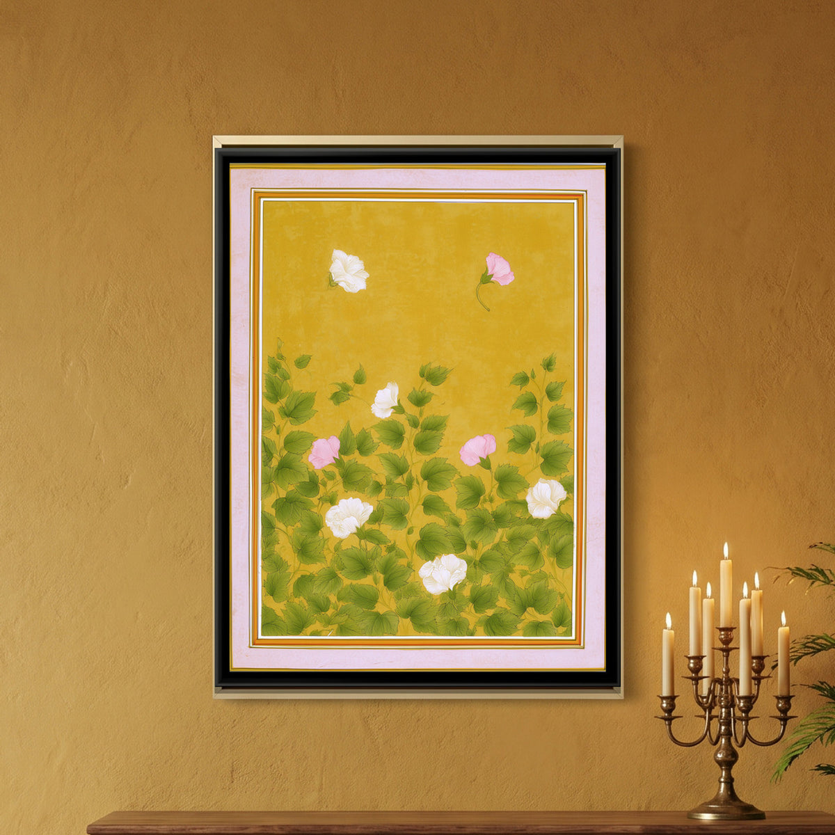 Mughal Hibiscus — framed canvas art hung on a wall