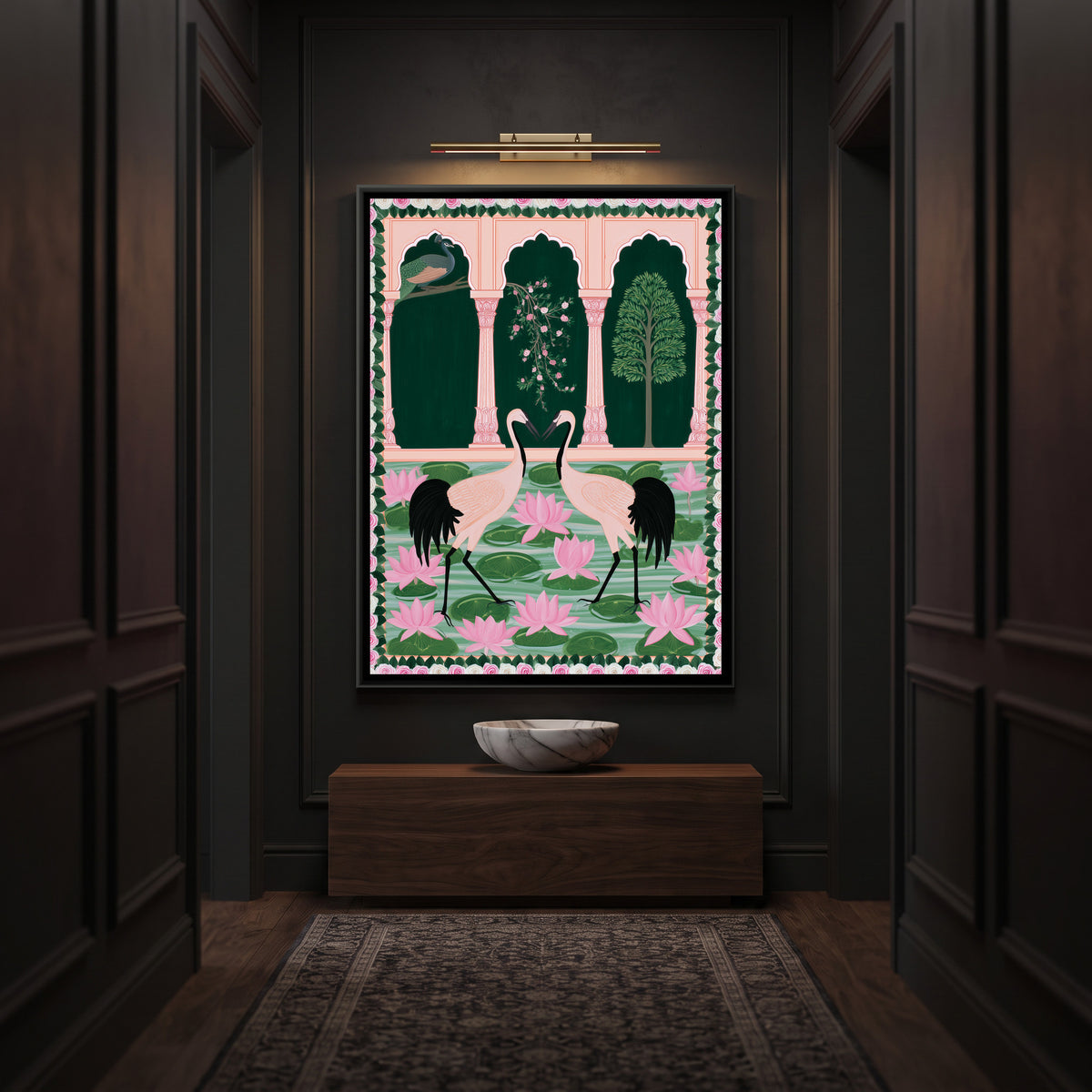 Mughal Cranes and Peacock — canvas art shown in a styled room