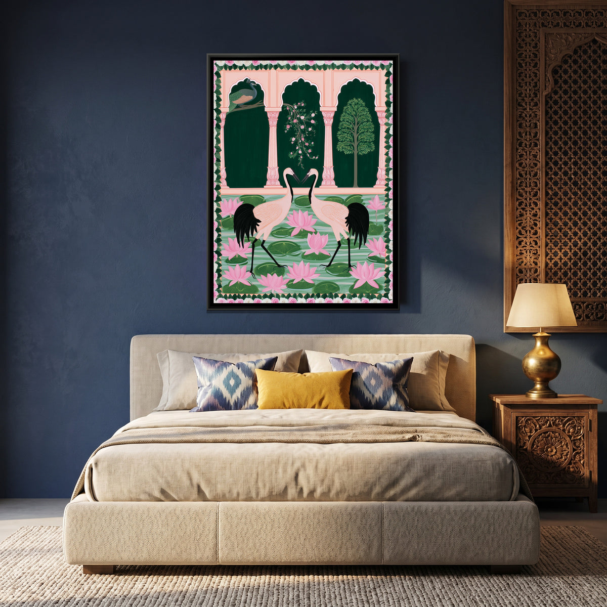 Mughal Cranes and Peacock — canvas art shown in a second room setting