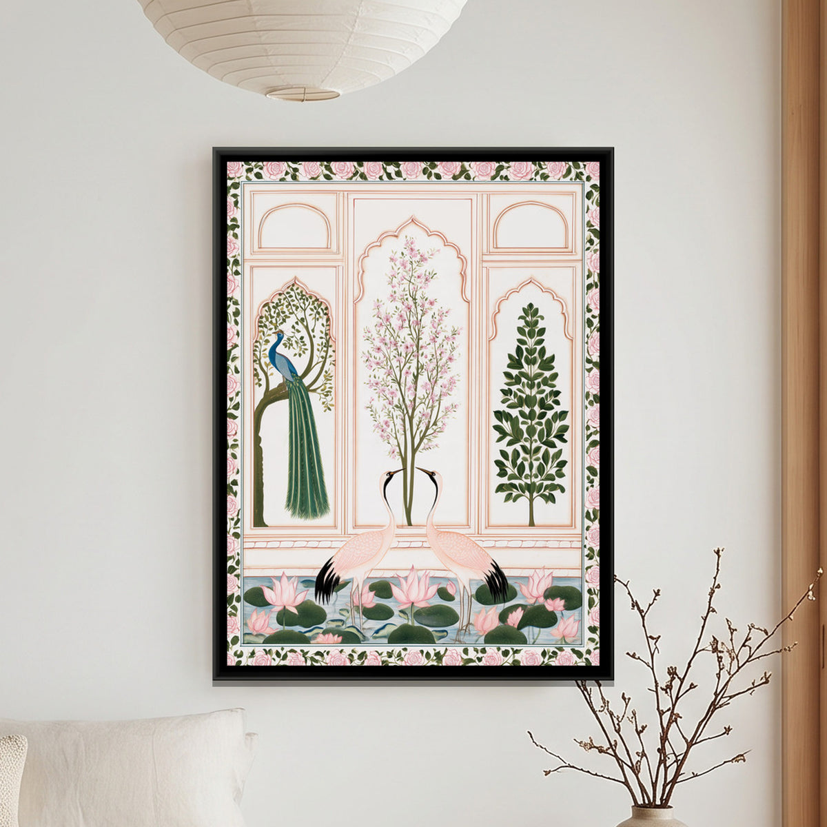 Mughal Cranes and Peacock — framed canvas art hung on a wall