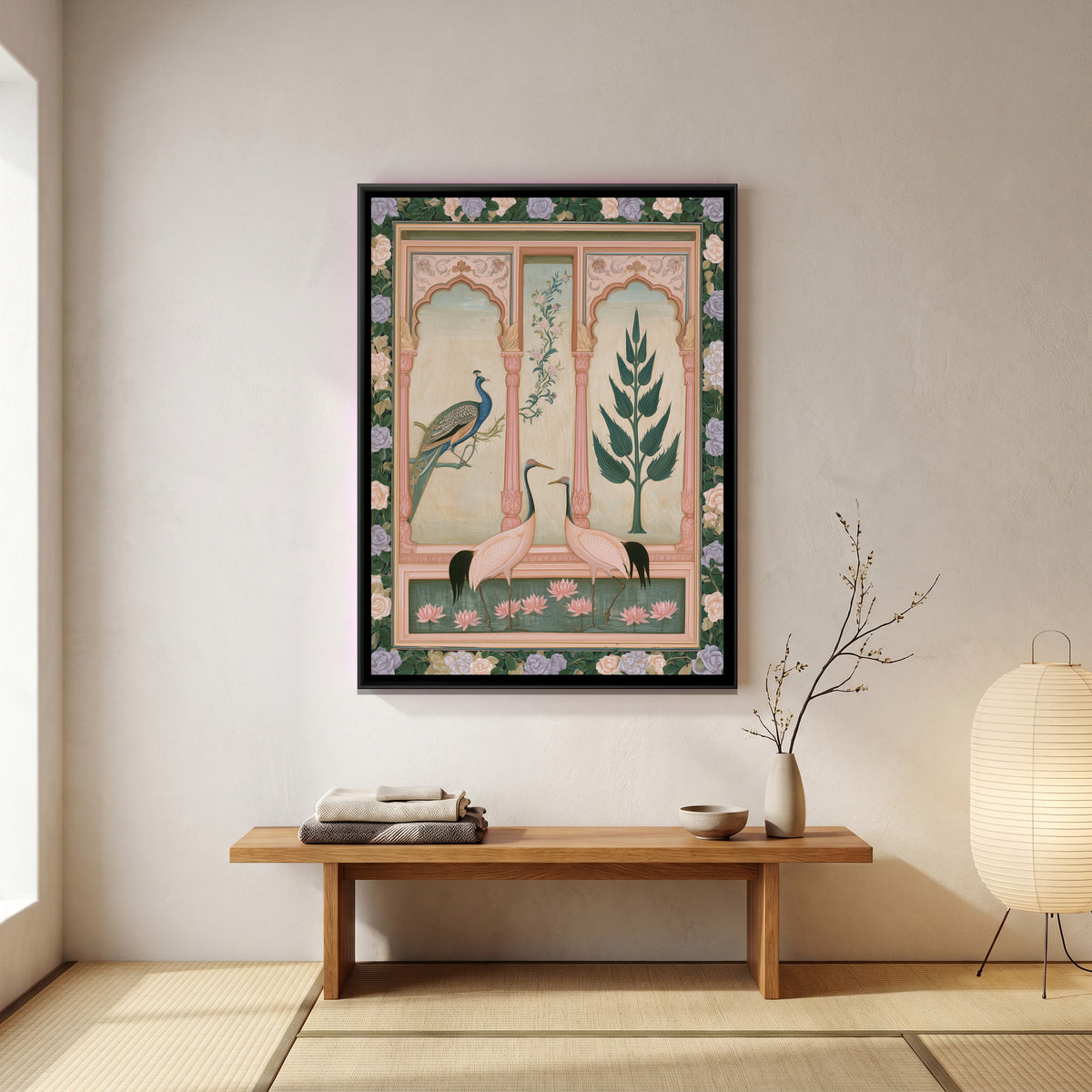Mughal Cranes and Peacock — canvas art shown in a styled room
