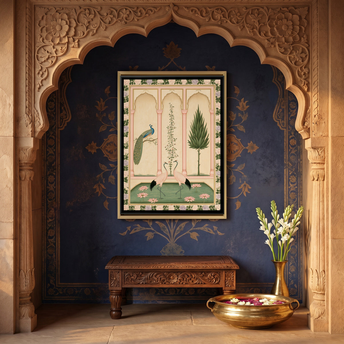 Mughal Cranes and Peacock — canvas art shown in a second room setting
