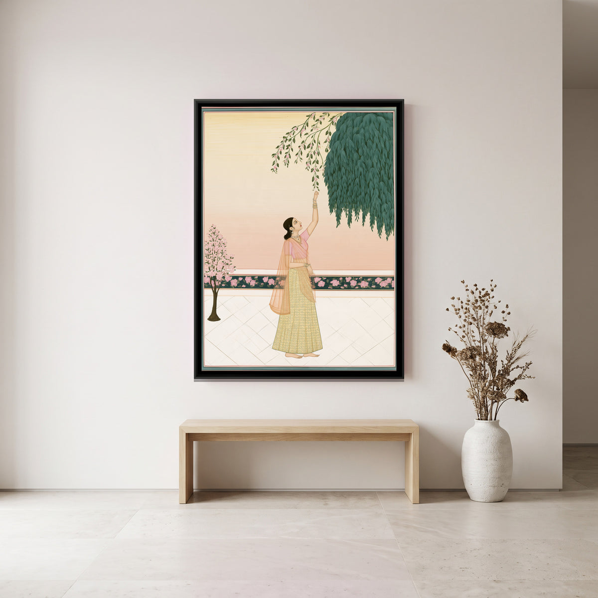 Woman Plucking Flowers — canvas art shown in a second room setting