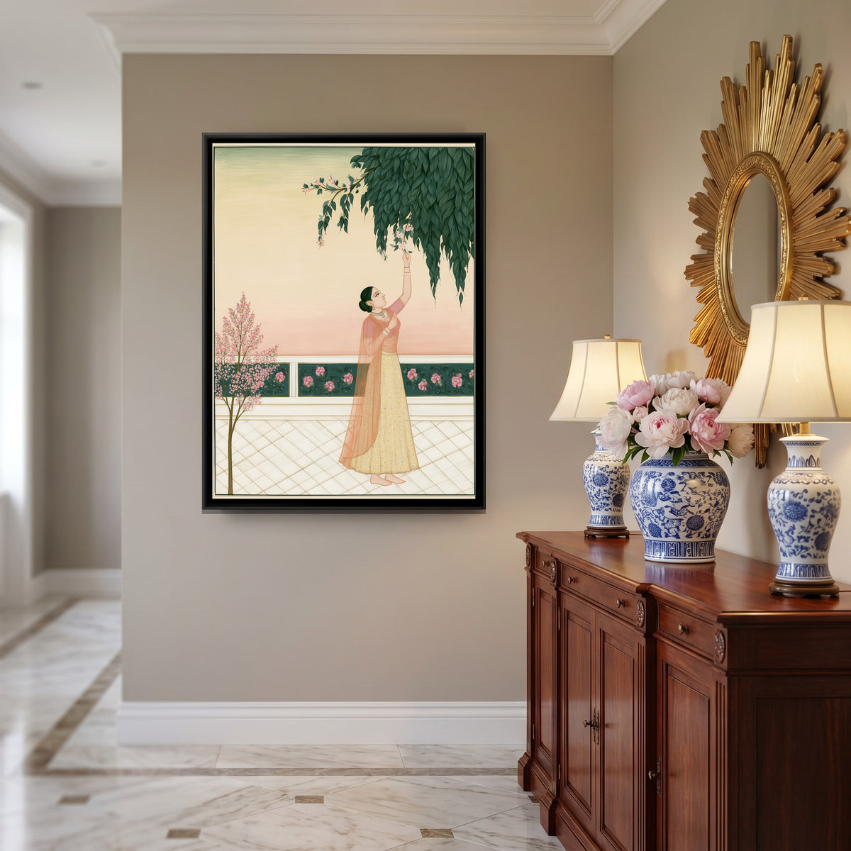 Woman Plucking Flowers — canvas art shown in a styled room