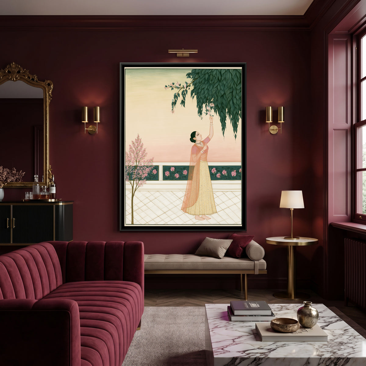 Woman Plucking Flowers — canvas art shown in a second room setting
