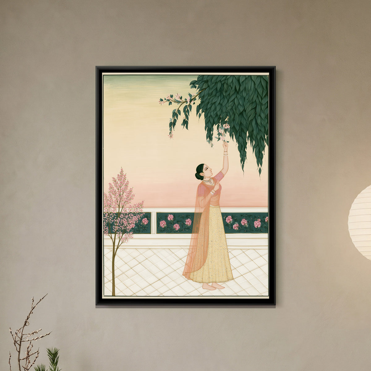 Woman Plucking Flowers — framed canvas art hung on a wall
