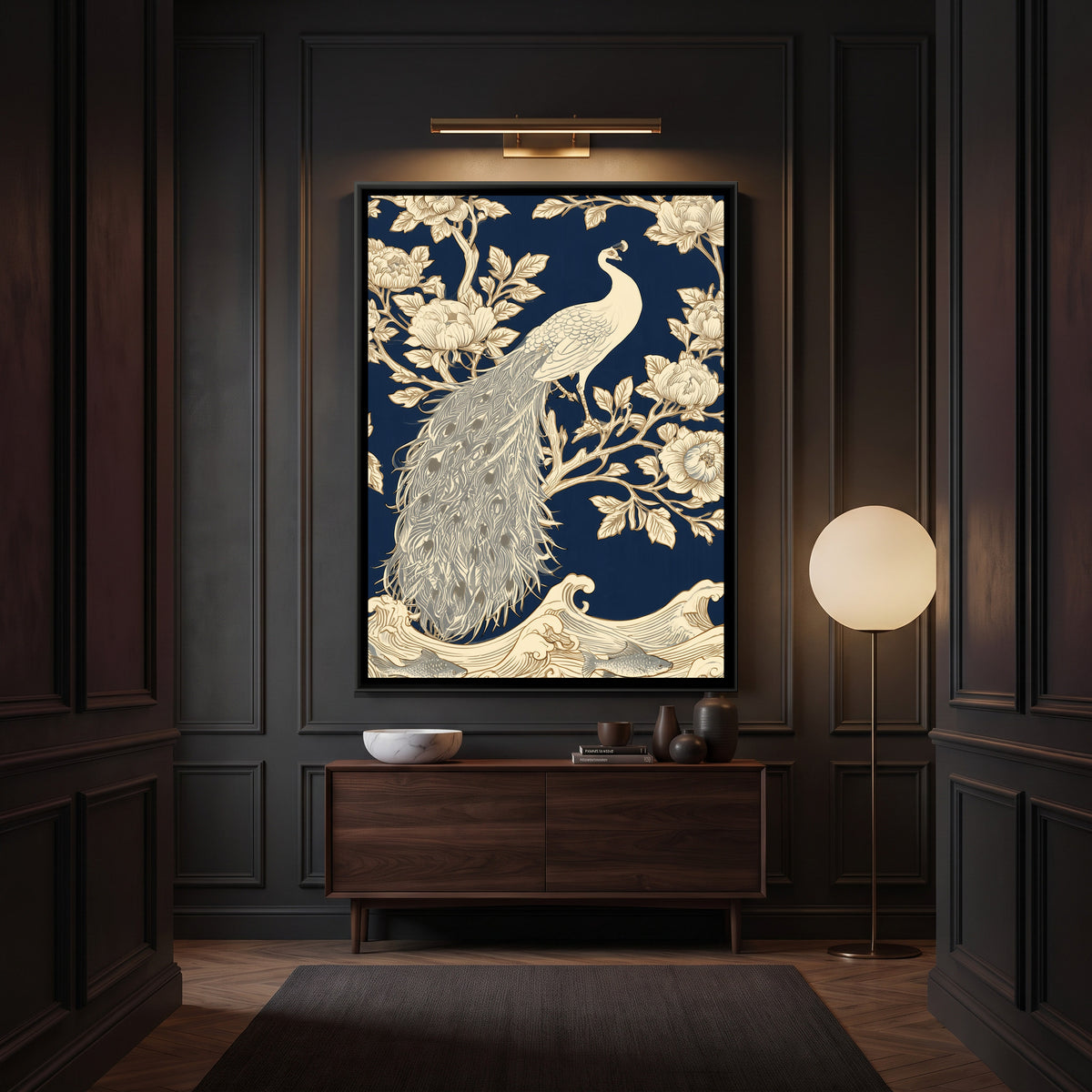 White Peacock — canvas art shown in a styled room