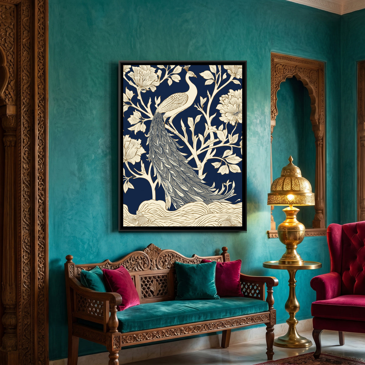 White Peacock — canvas art shown in a styled room