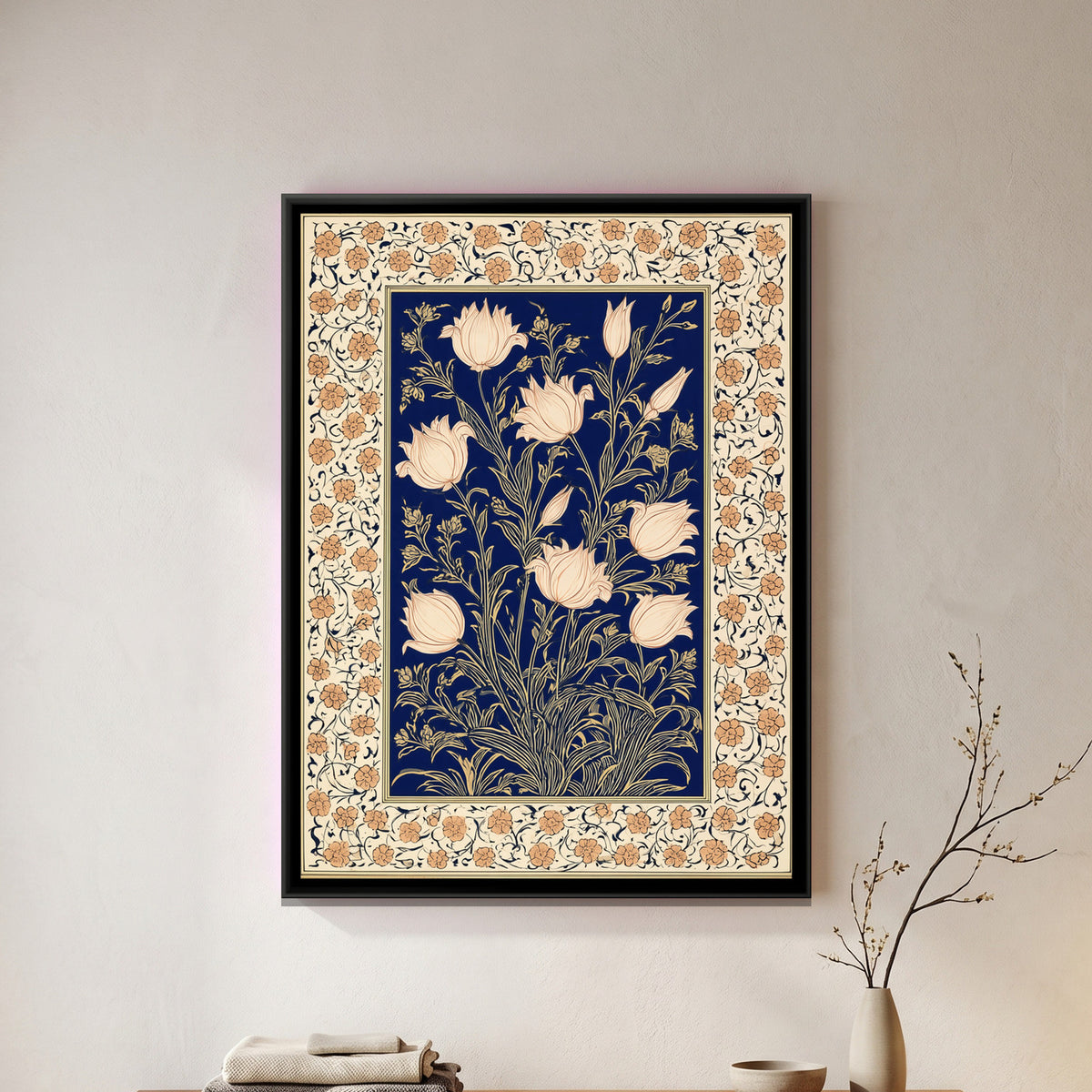 Mughal Tulips — framed canvas art hung on a wall