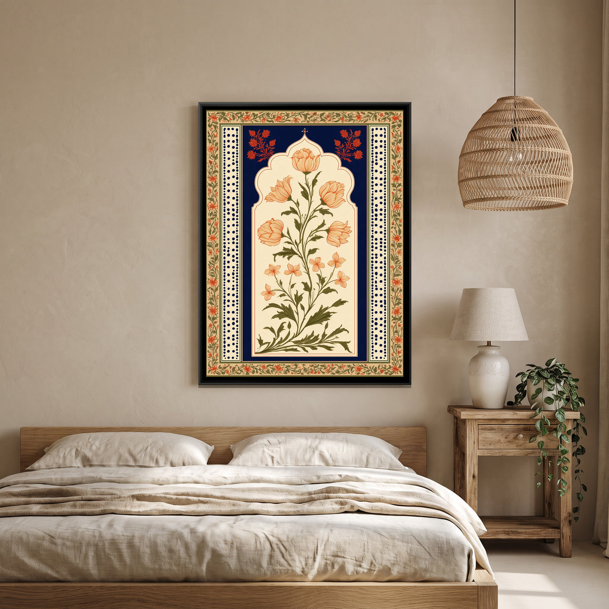 Mughal Floral Arch — canvas art shown in a styled room