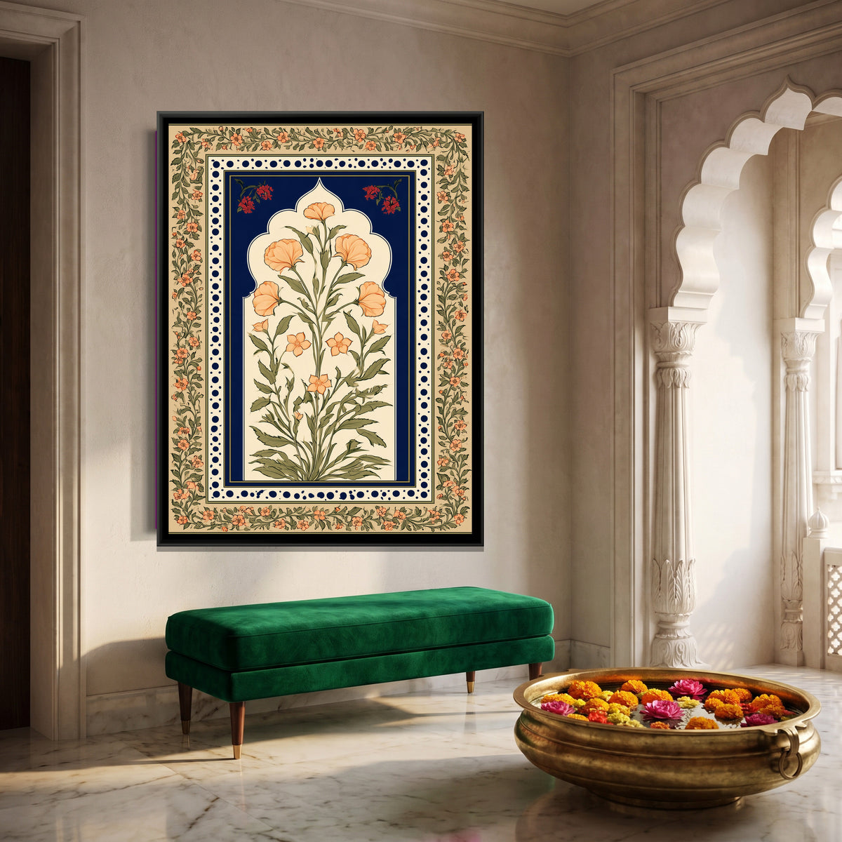 Mughal Floral Arch — canvas art shown in a styled room