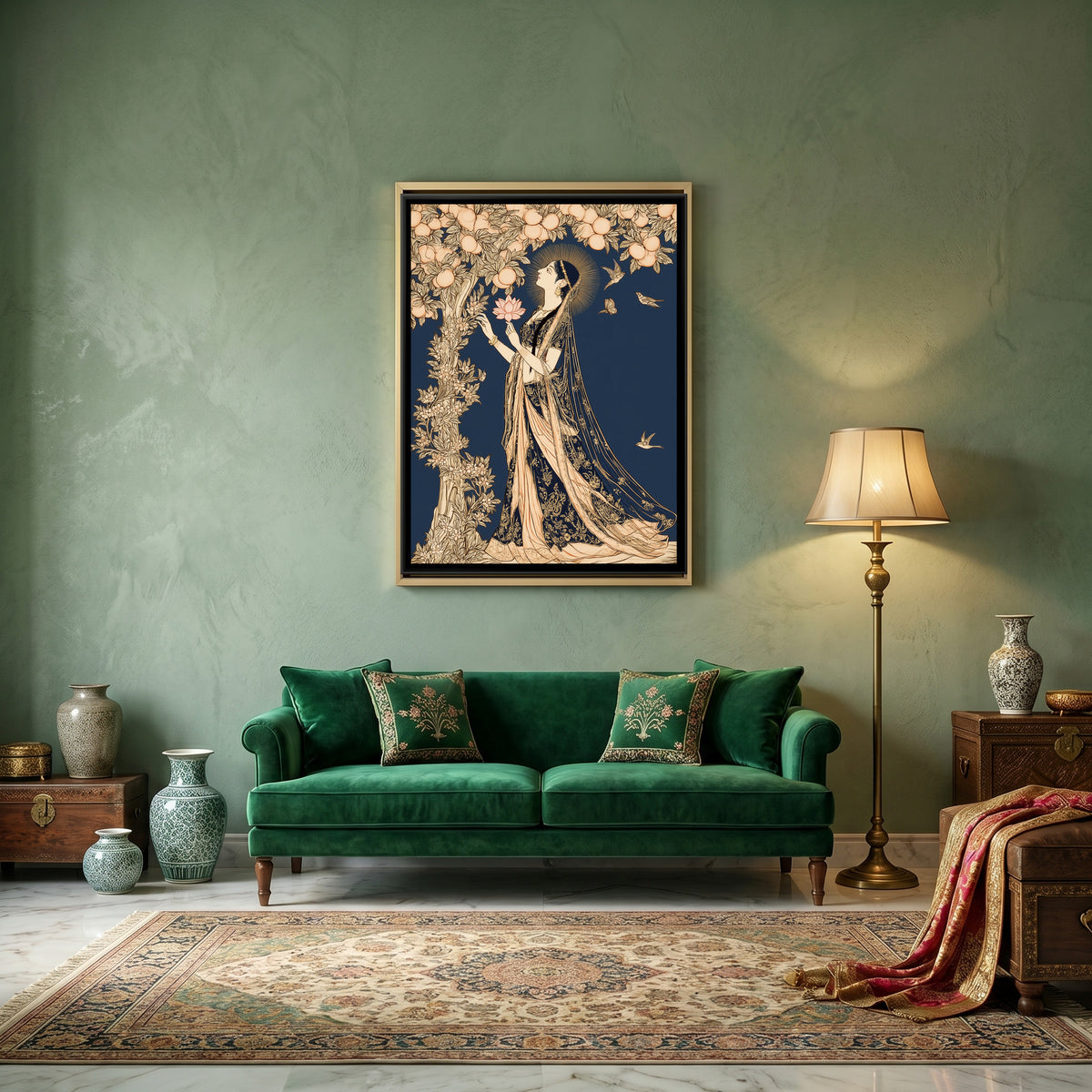 Woman with a Lotus — canvas art shown in a second room setting