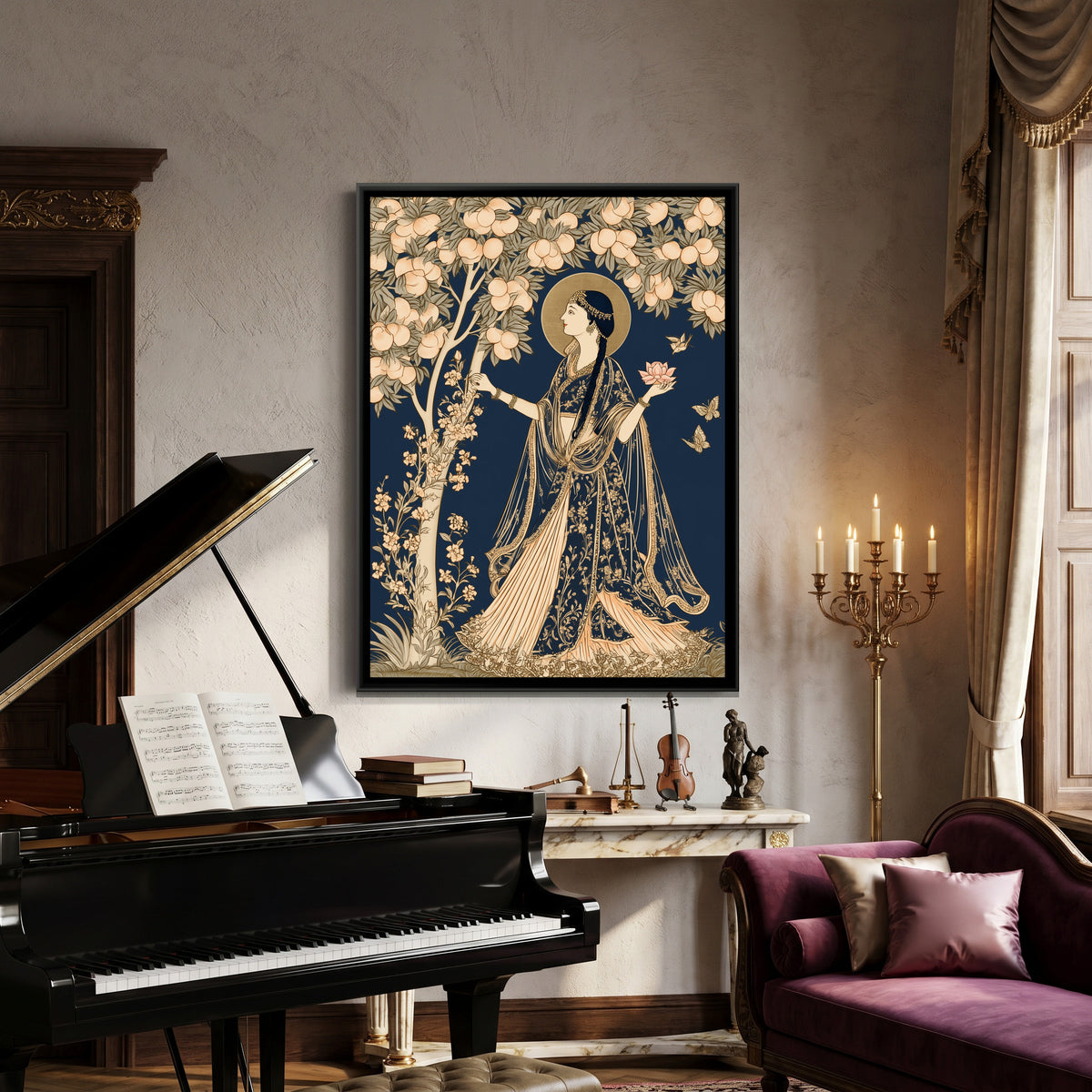 Woman with a Lotus — canvas art shown in a second room setting