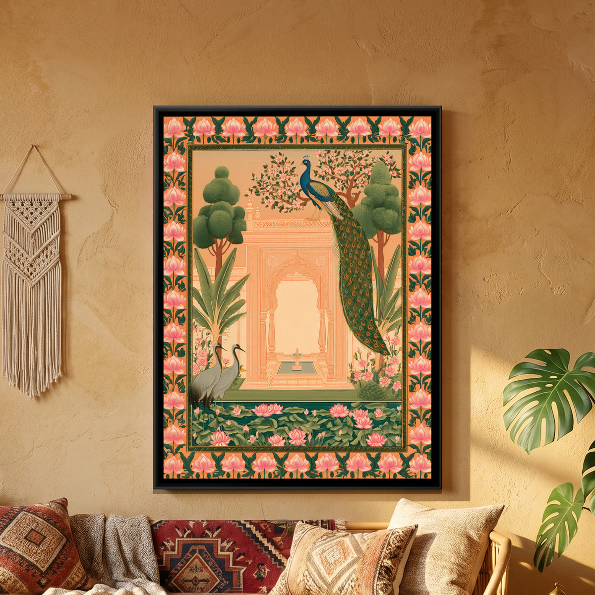 Pichwai Peacock Garden — framed canvas art hung on a wall