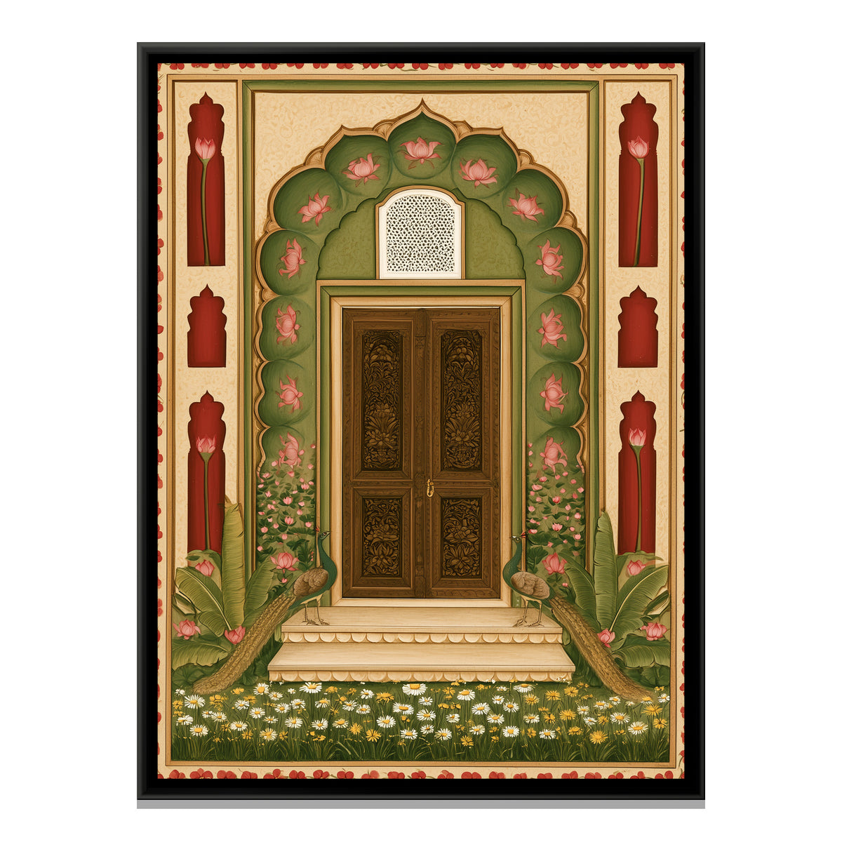 Mughal Door with Peacocks — framed canvas print, front view