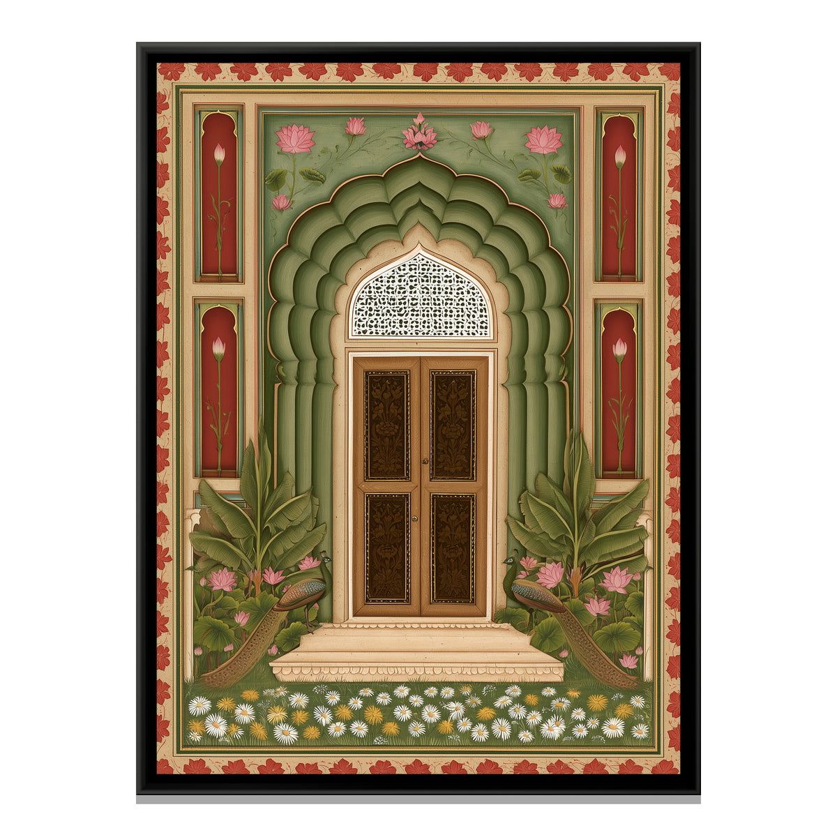 Mughal Door with Peacocks — framed canvas print, front view