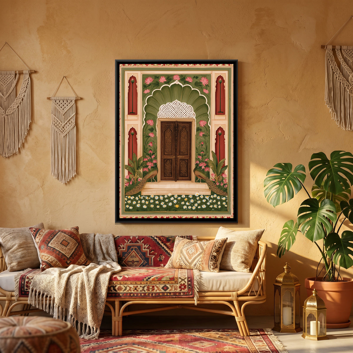 Mughal Door with Peacocks — canvas art shown in a styled room