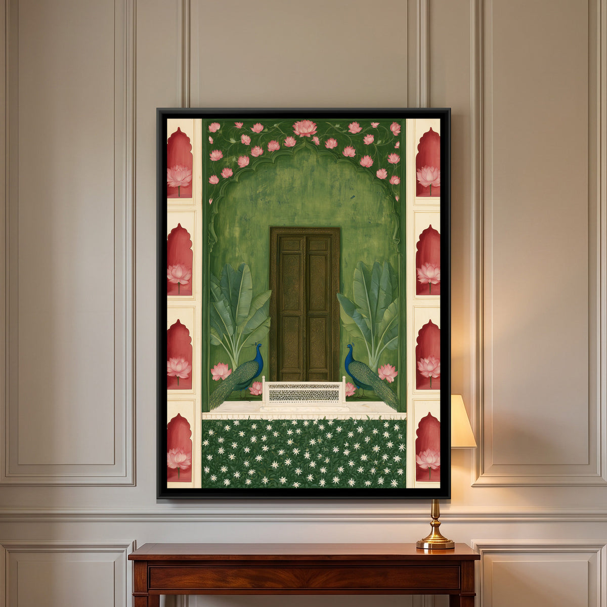 Mughal Door with Peacocks — framed canvas art hung on a wall