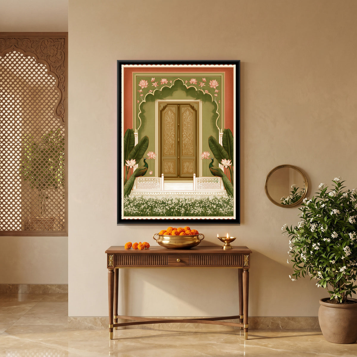Mughal Door with Peacocks — canvas art shown in a styled room