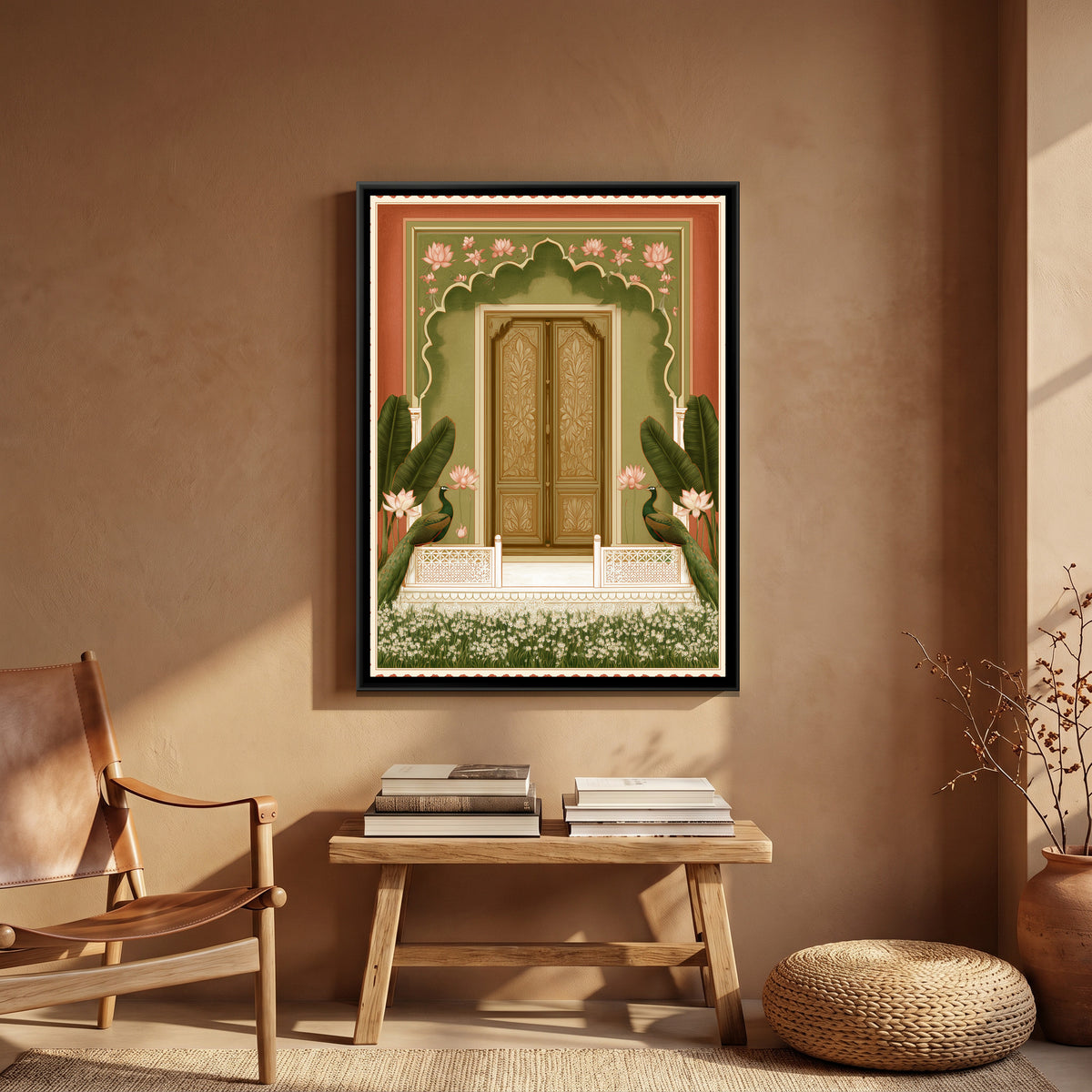 Mughal Door with Peacocks — canvas art shown in a second room setting