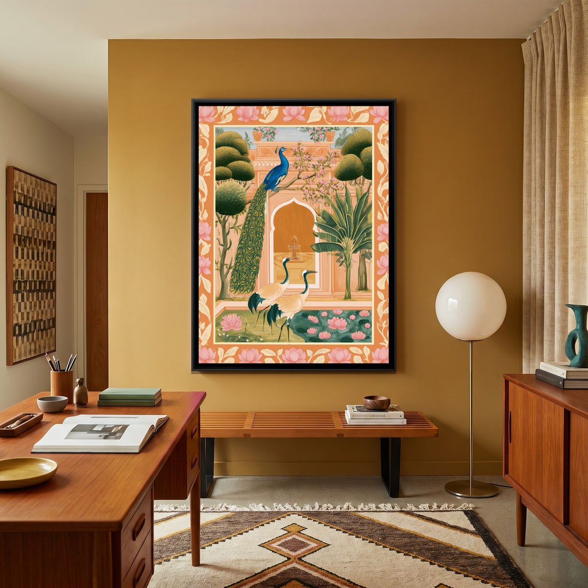 Pichwai Peacock Garden — canvas art shown in a styled room