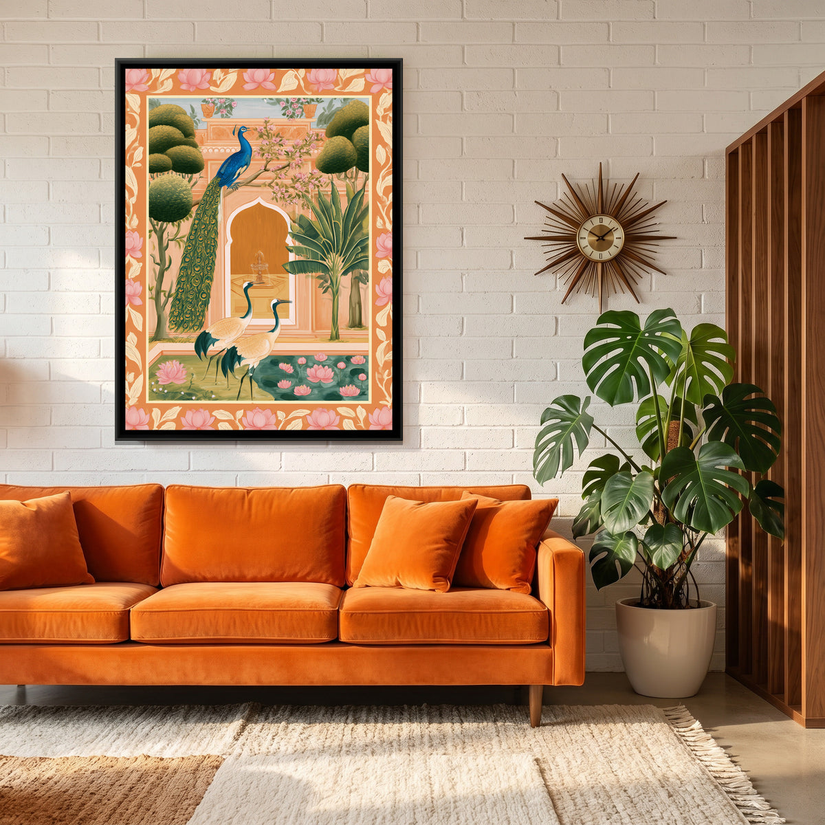 Pichwai Peacock Garden — canvas art shown in a second room setting