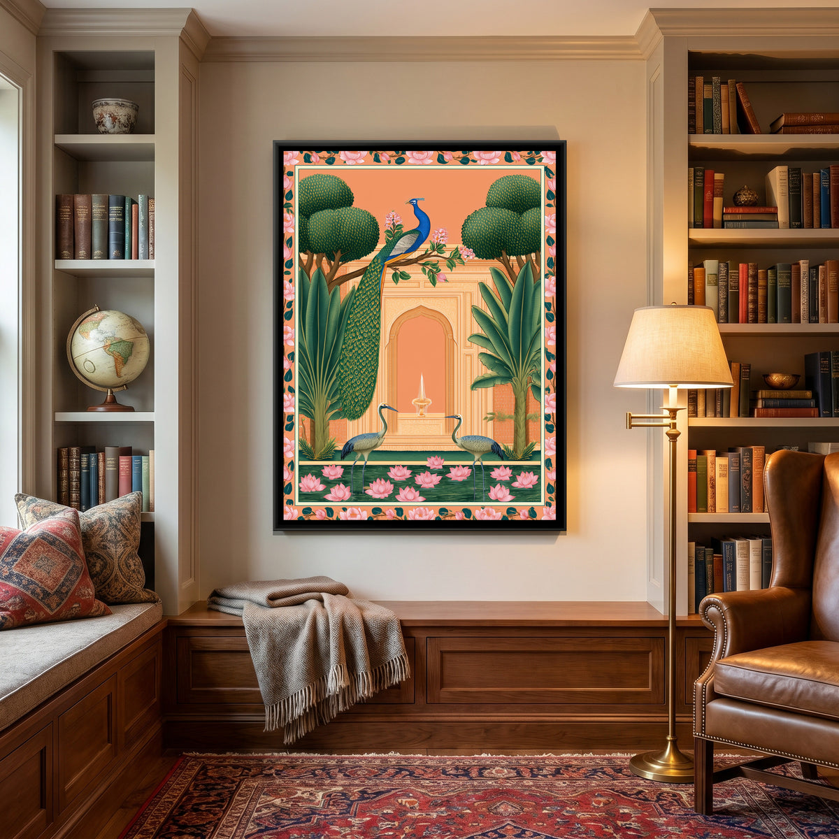 Pichwai Peacock Garden — canvas art shown in a styled room