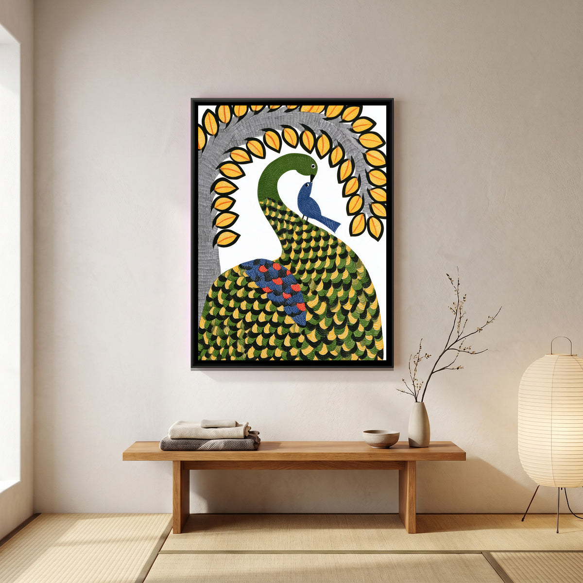 Gond Birds — canvas art shown in a second room setting