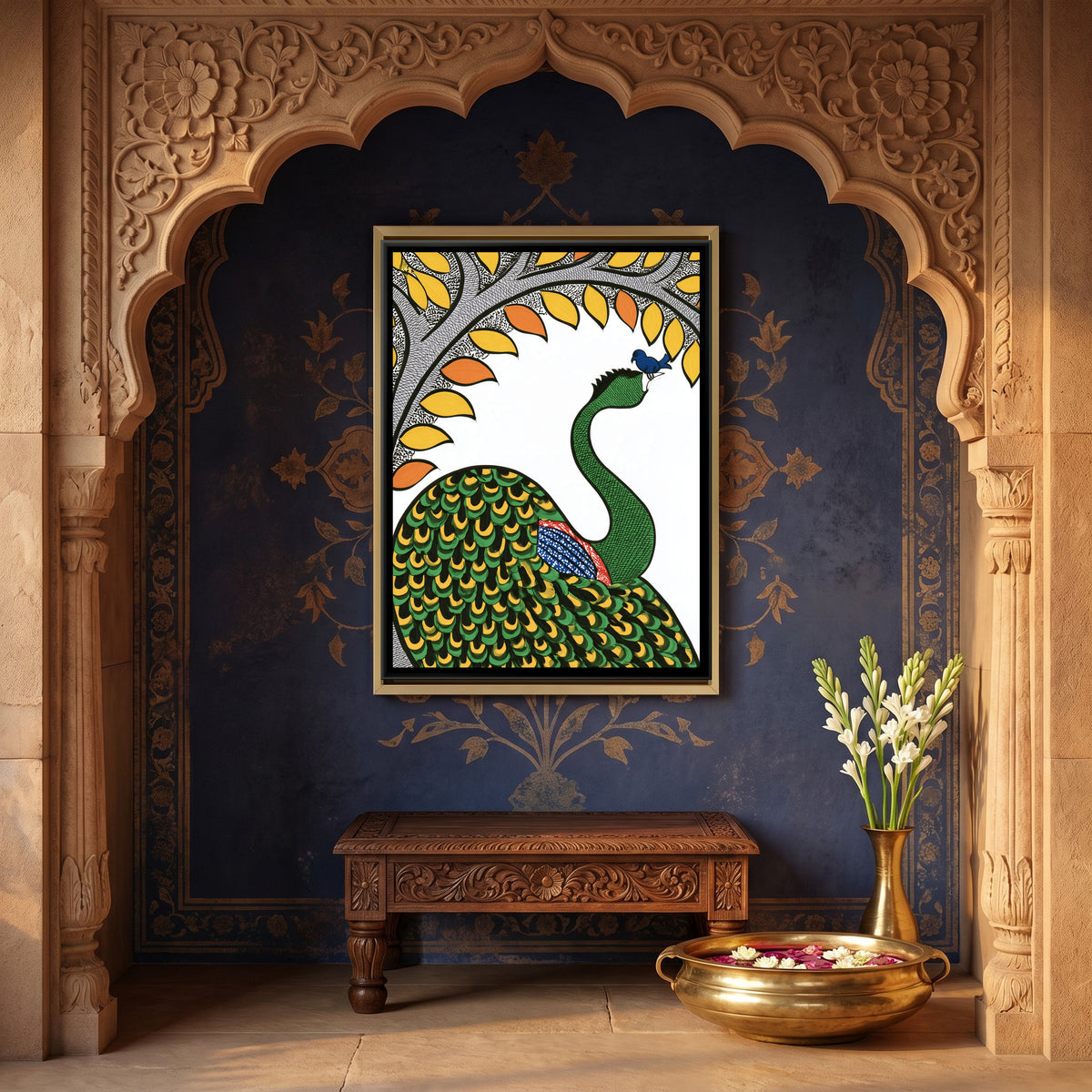 Gond Birds — canvas art shown in a styled room