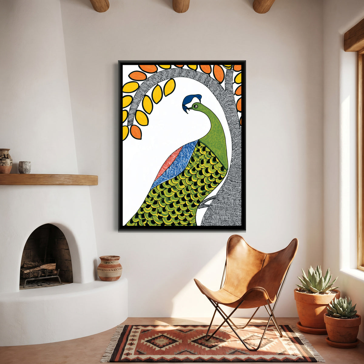 Gond Birds — canvas art shown in a styled room