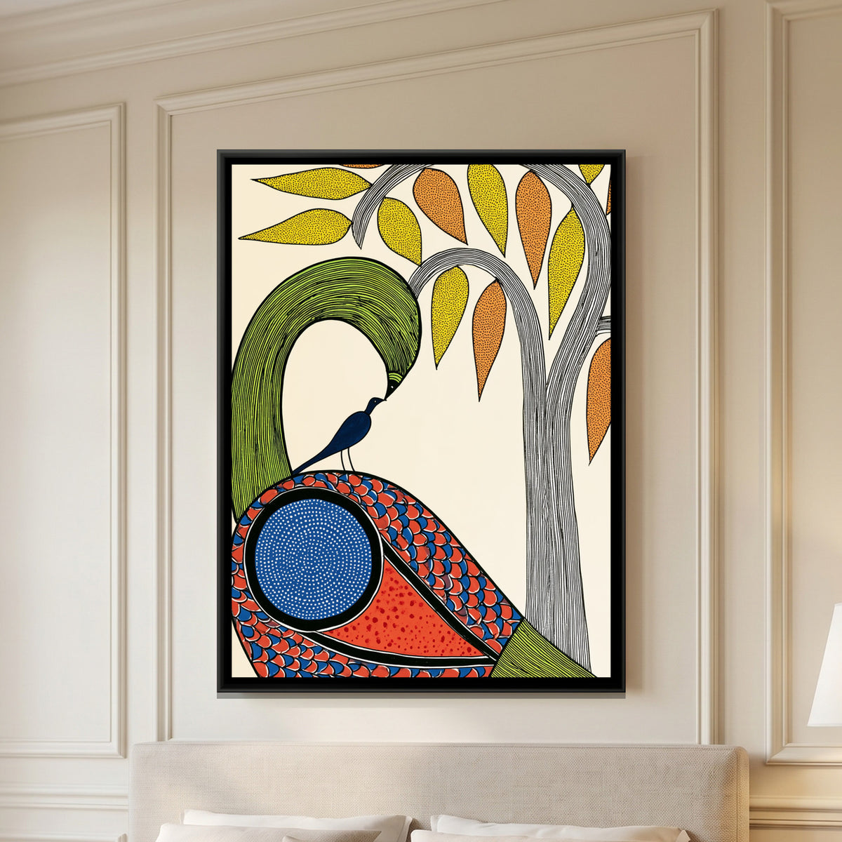 Gond Peacock — framed canvas art hung on a wall