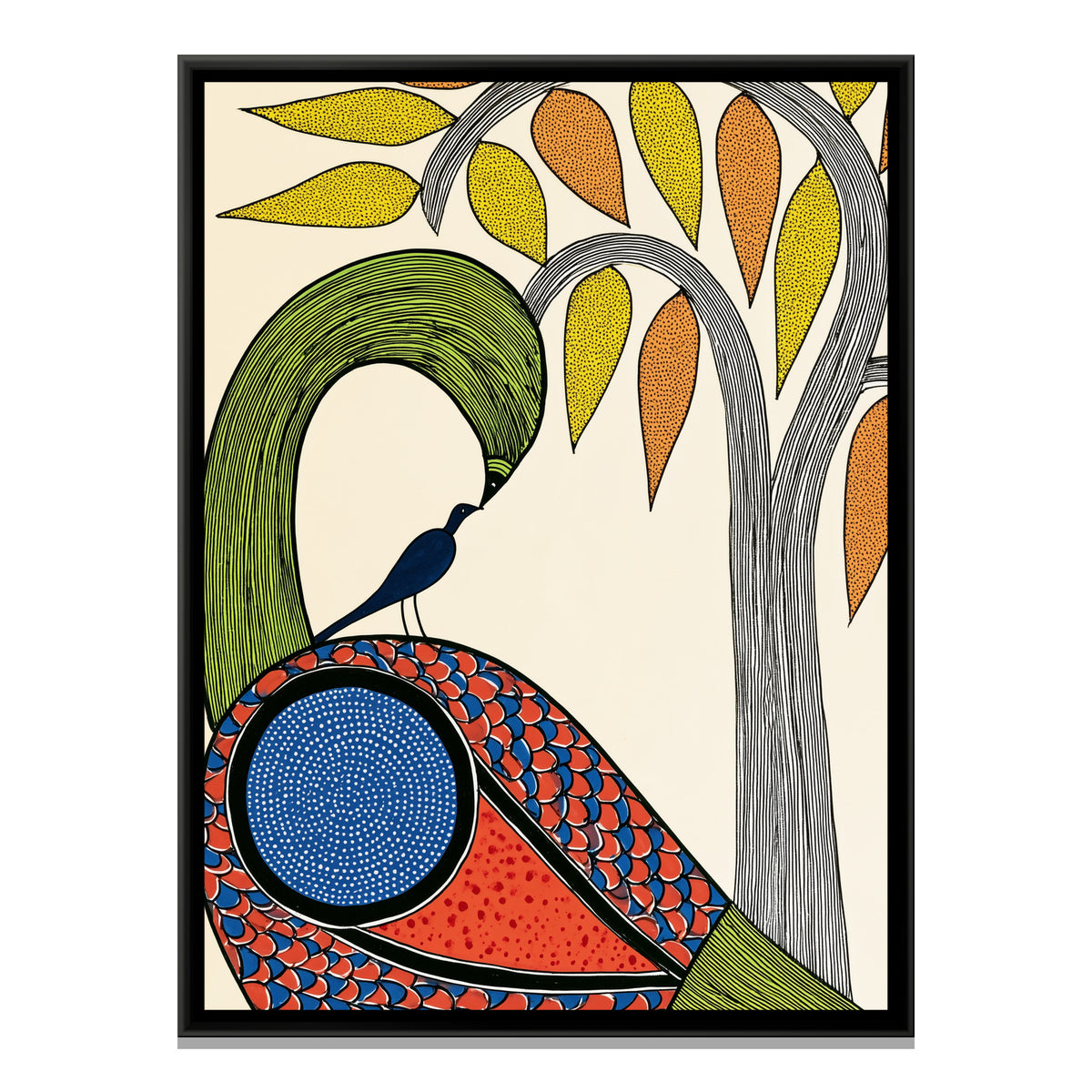 Gond Peacock — framed canvas print, front view
