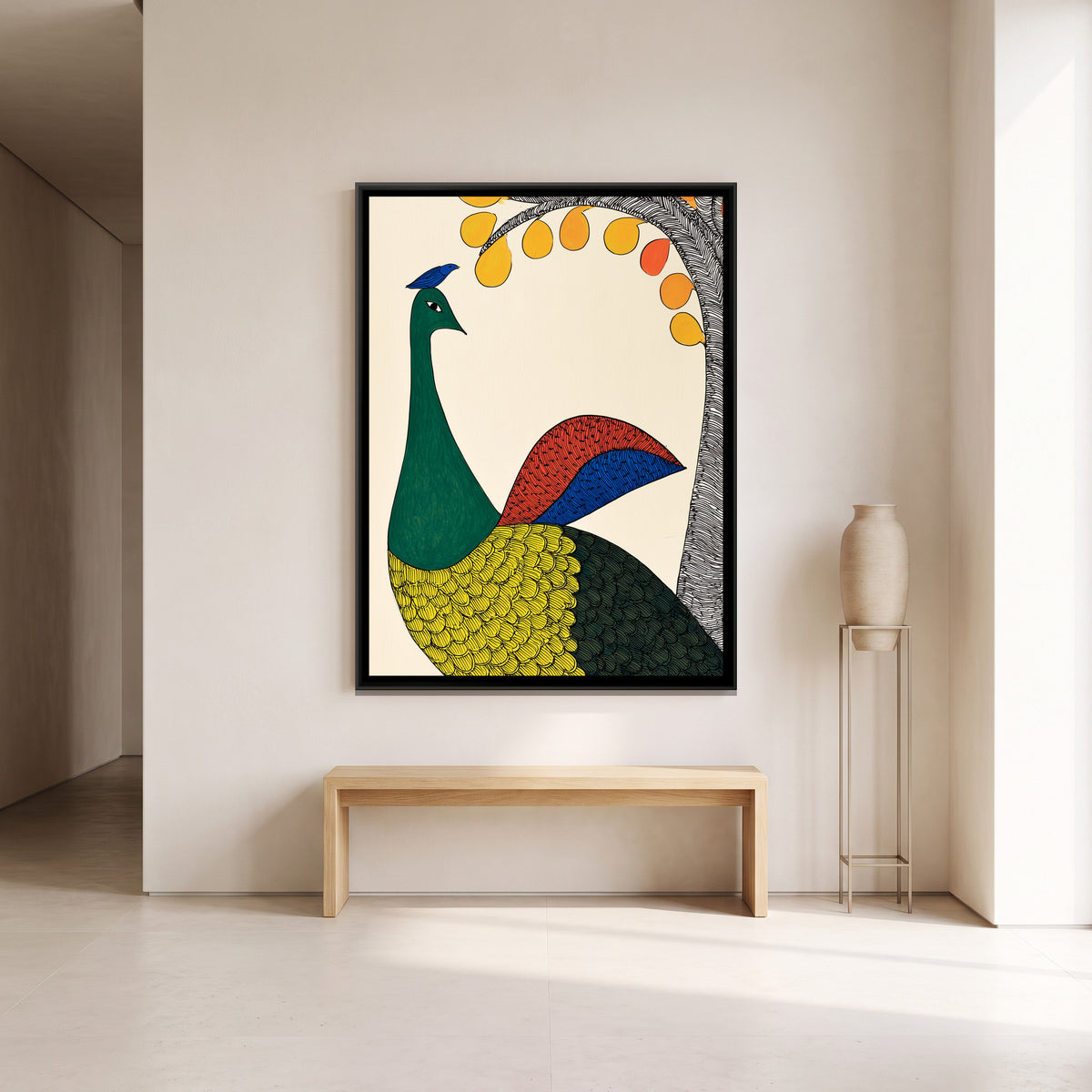 Gond Peacock — canvas art shown in a styled room